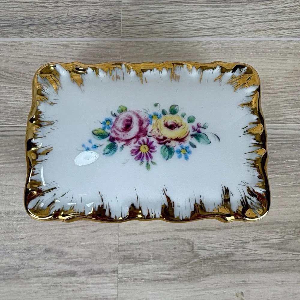 Kleiber Germany Trinket Dish + Lid 22 Karat Gold Bavaria Porcelain Box Floral